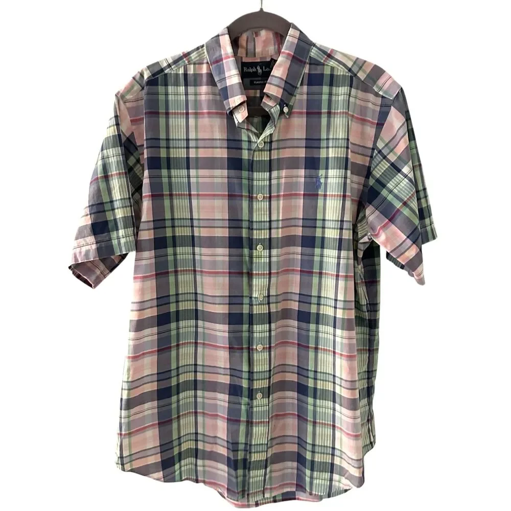 Ralph Lauren Classic Fit Pastel Pink,‎ Blue, Green Plaid Button Up Shirt Size L